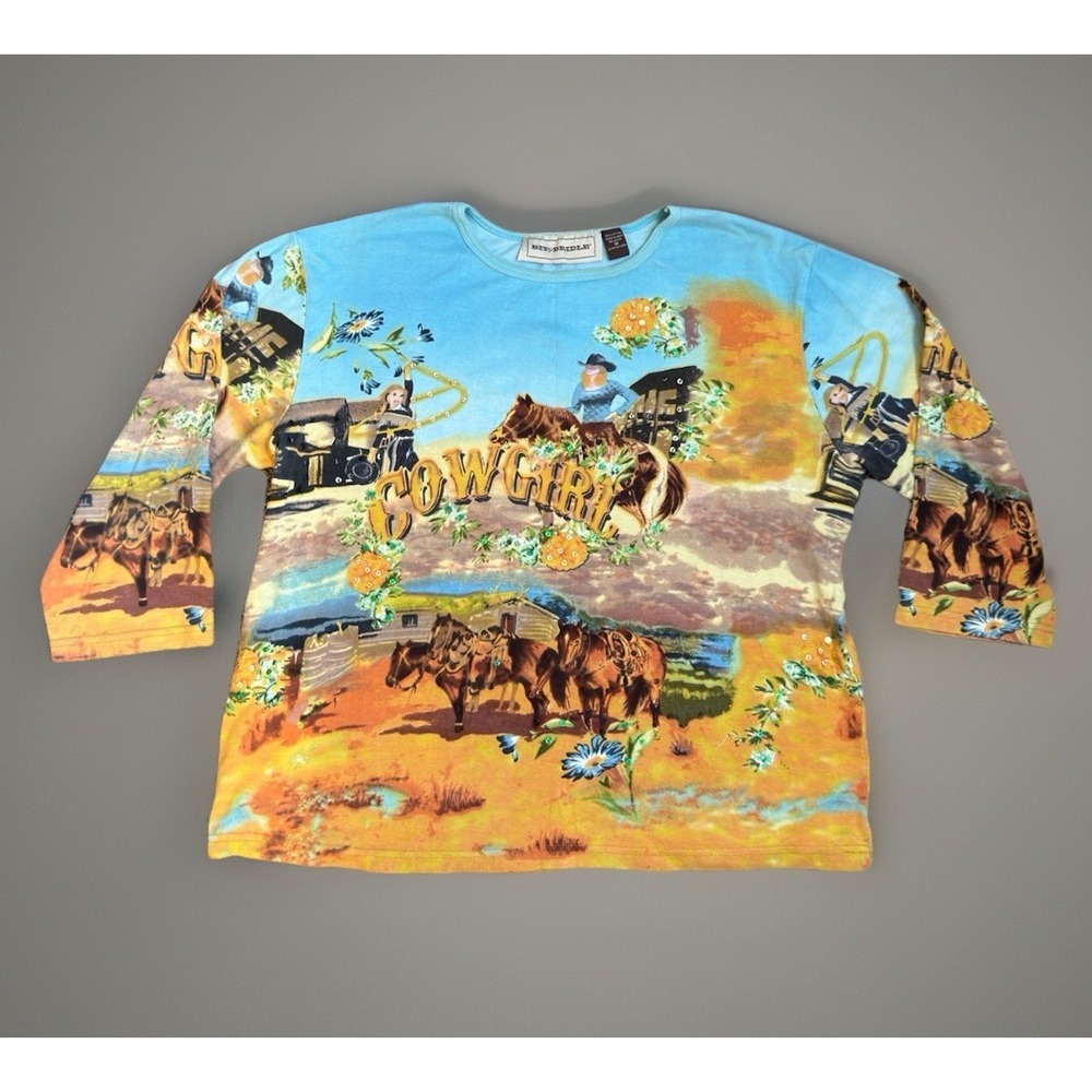 Vintage 90s Y2K Women's Cowgirl Horse Western Rodeo‎ 3/4 Length Shirt Size 1X